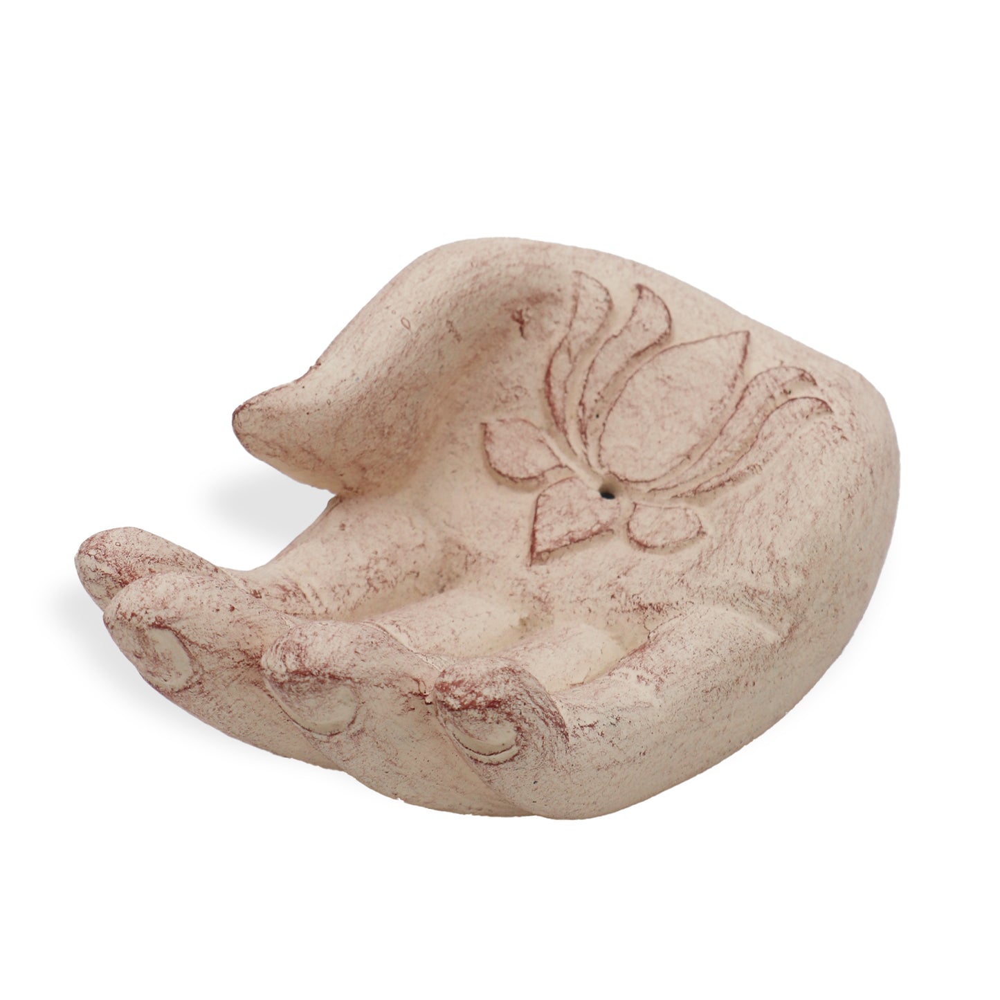 White stone incense holder shaped like a hand with a carved lotus flower and “Purity and Rebirth” engraving.