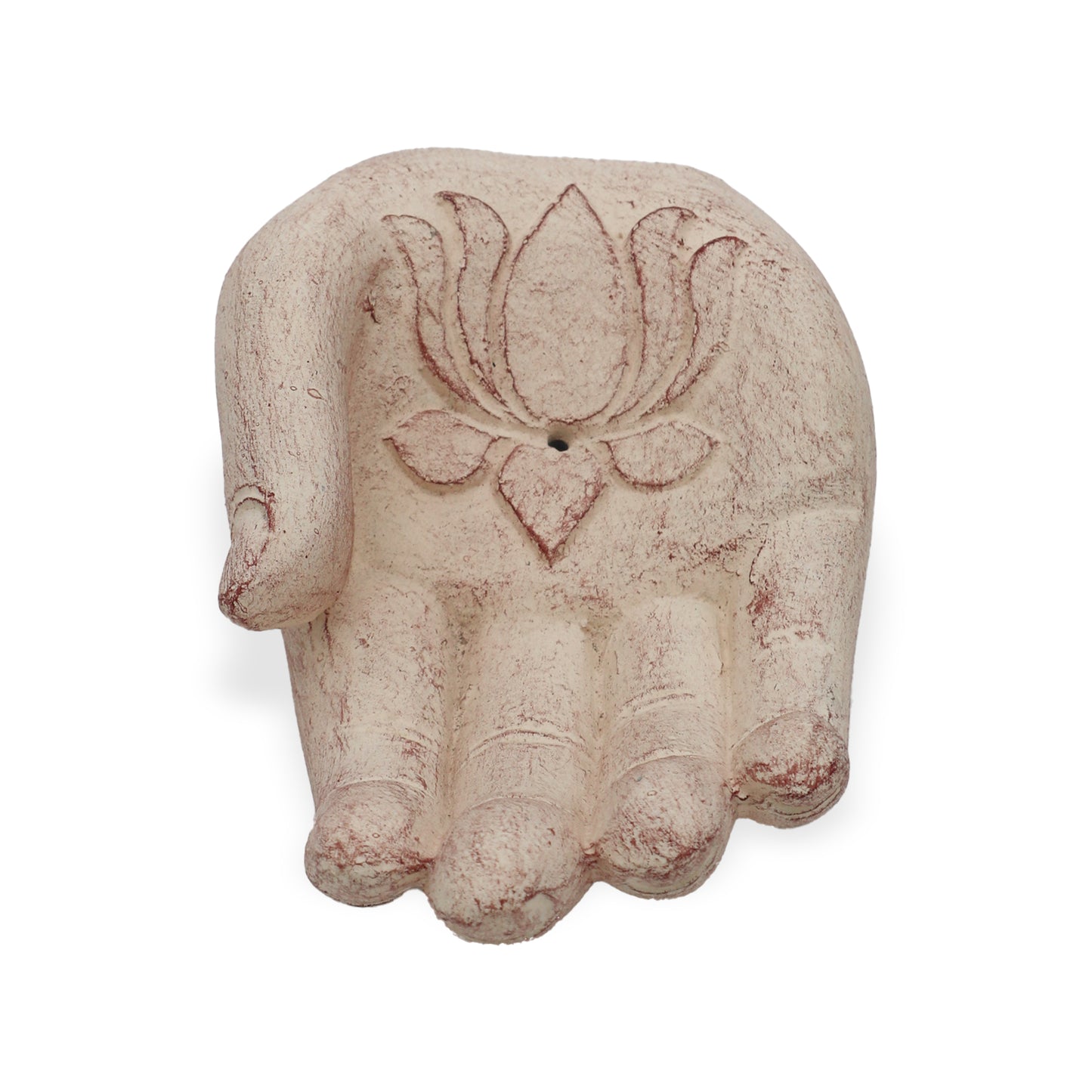 White stone incense holder shaped like a hand with a carved lotus flower and “Purity and Rebirth” engraving.