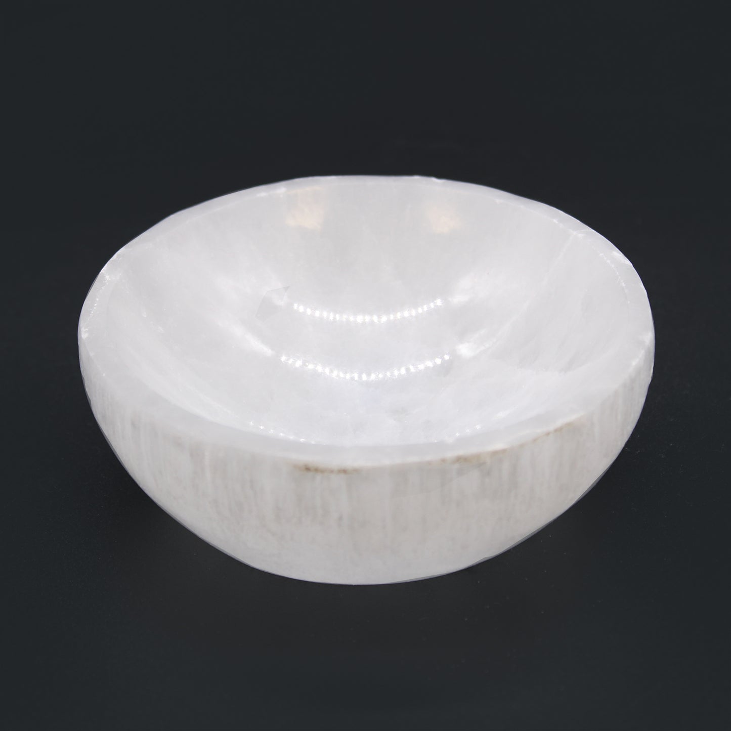 Selenite Round Bowl – 10cm, smooth hand-carved Moroccan bowl with moonlike glow