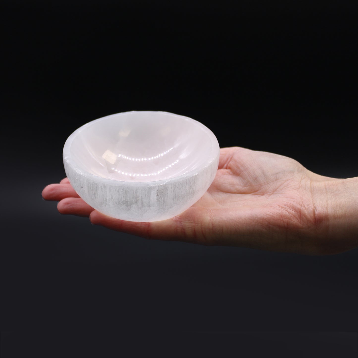 Selenite Round Bowl – 10cm, smooth hand-carved Moroccan bowl with moonlike glow