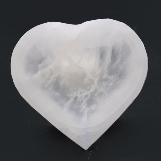 Selenite Heart Bowl – 10cm, moonlit Moroccan selenite in a carved heart shape