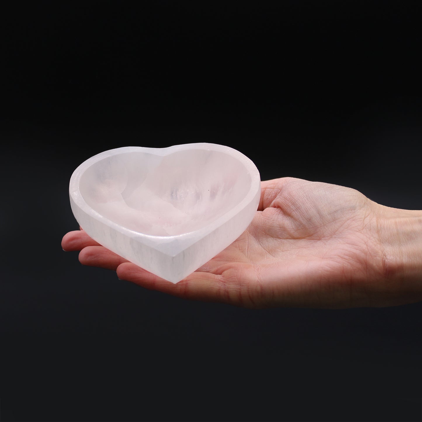 Selenite Heart Bowl – 10cm, moonlit Moroccan selenite in a carved heart shape