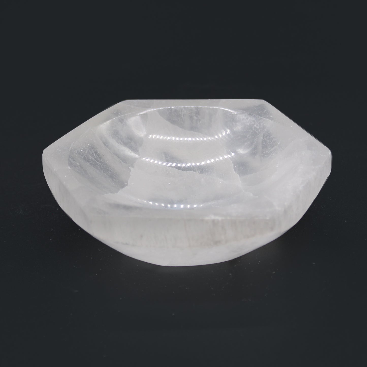 Selenite Hex Bowl – 10cm, hexagonal Moroccan selenite with moon-like sheen
