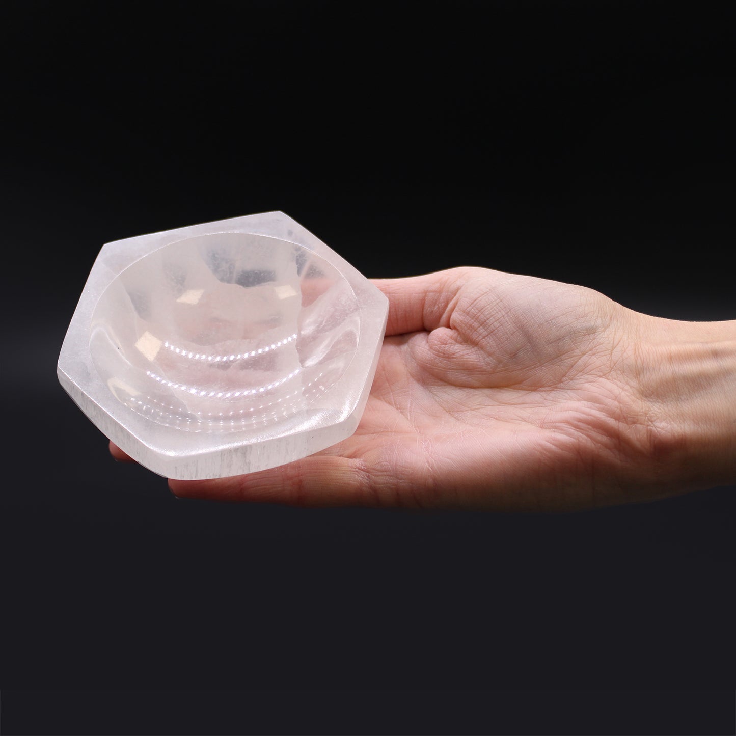 Selenite Hex Bowl – 10cm, hexagonal Moroccan selenite with moon-like sheen