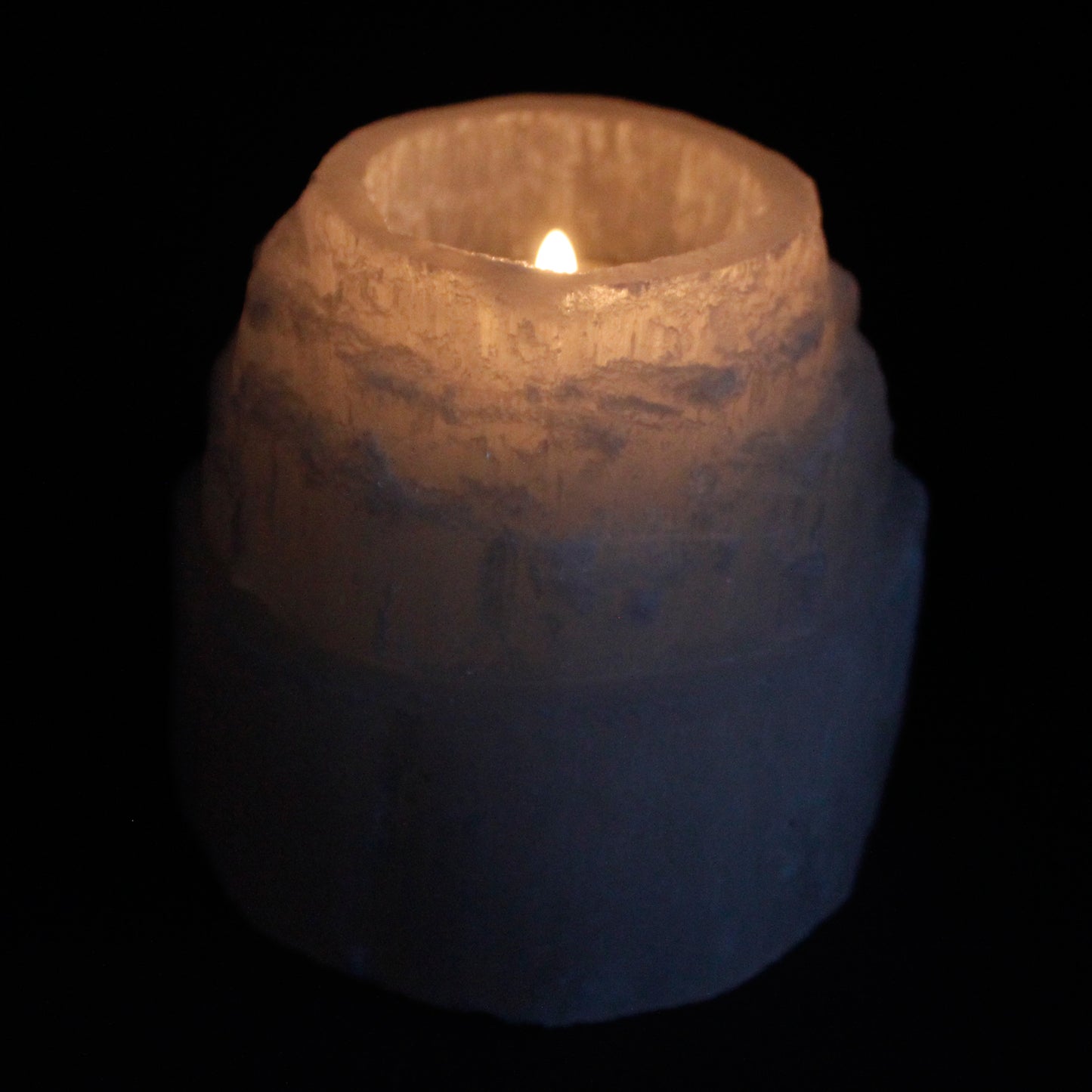 Selenite Mountain Top Candle Holder – 8cm round crystal tea light holder with glowing translucent sides