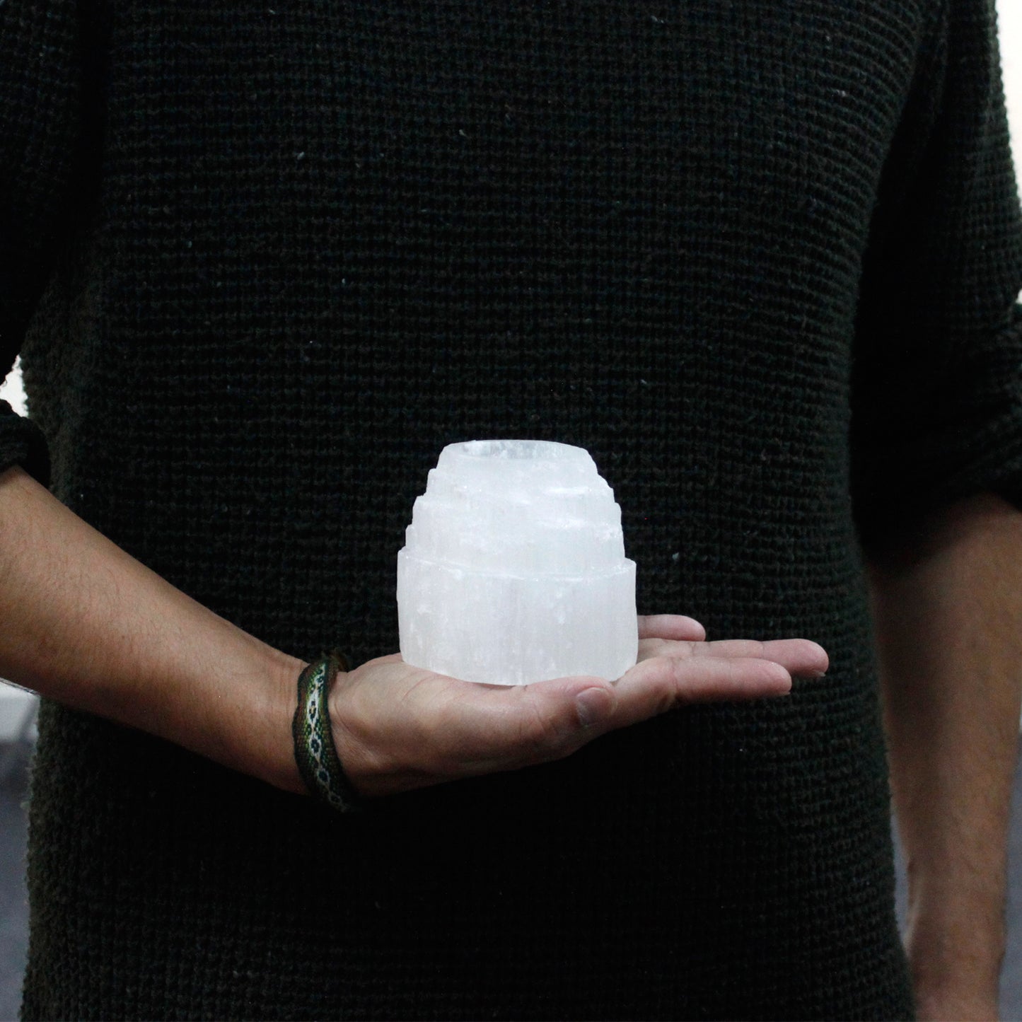 Selenite Mountain Top Candle Holder – 8cm round crystal tea light holder with glowing translucent sides