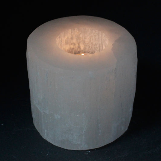Selenite Cylinder Candle Holder – 8cm round polished crystal tea light holder
