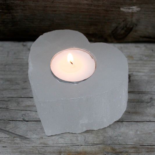 Selenite Heart Candle Holder – polished crystal heart for tea light, 9×8×5cm