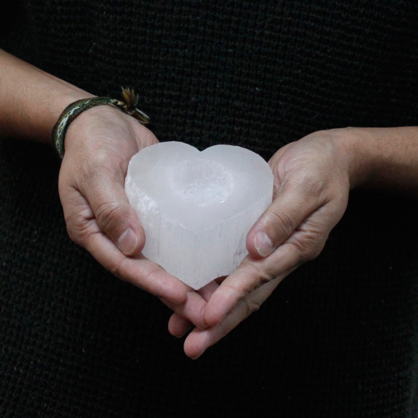 Selenite Heart Candle Holder – polished crystal heart for tea light, 9×8×5cm
