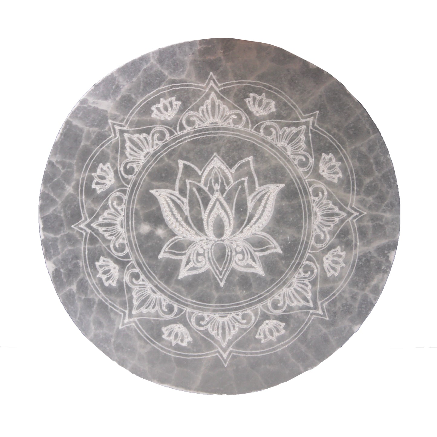 Selenite charging plate 10cm with engraved lotus mandala design