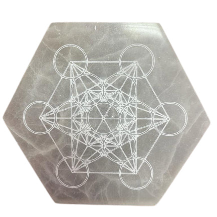 Hexagonal selenite charging plate 18cm with Metatron’s Cube engraving