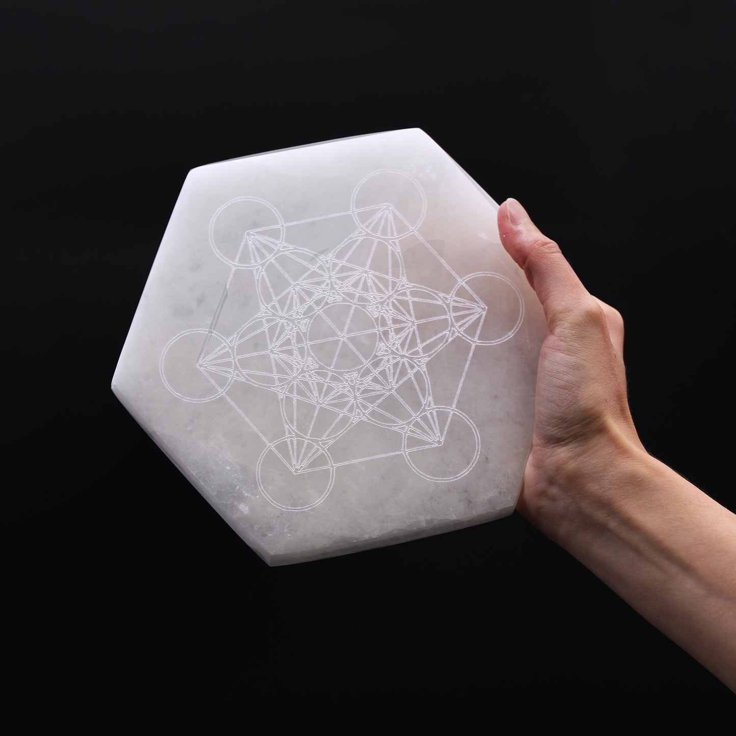 Hexagonal selenite charging plate 18cm with Metatron’s Cube engraving