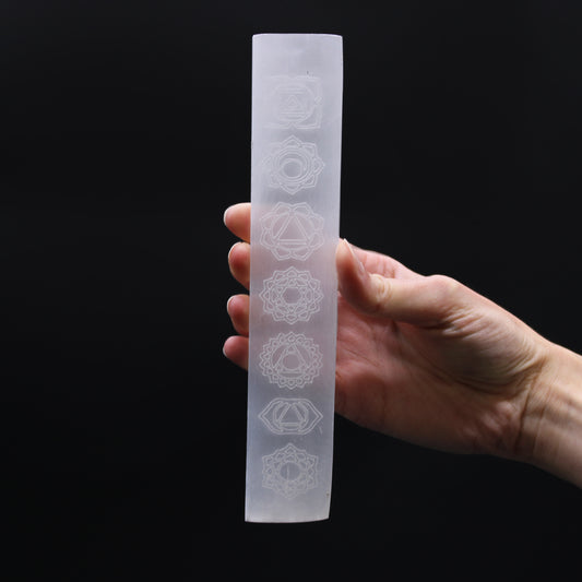Selenite Flat Bar Charging Plate 20cm engraved with chakra symbols