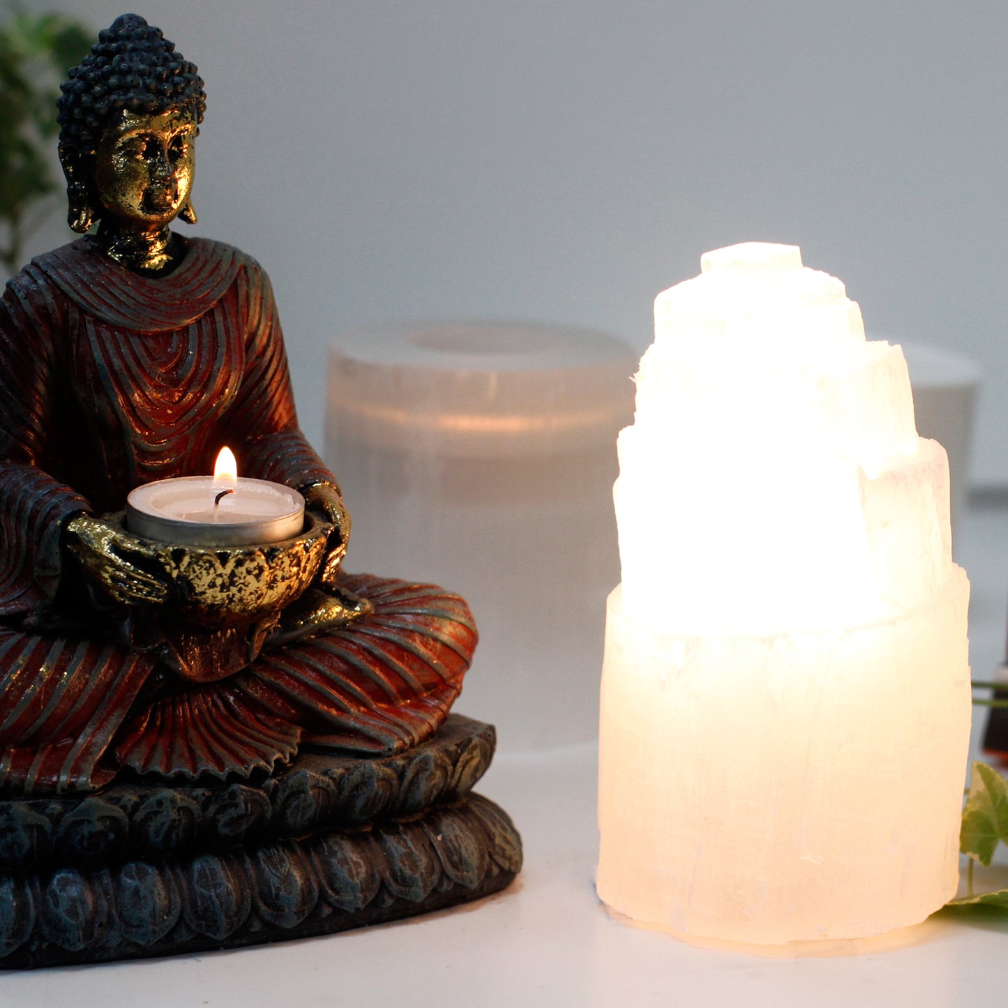 Natural Selenite Tower Lamp – 15cm with soft glow, hand-carved Moroccan crystal