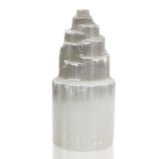 Natural Selenite Tower Lamp – 20cm hand-carved Moroccan crystal with soft glow