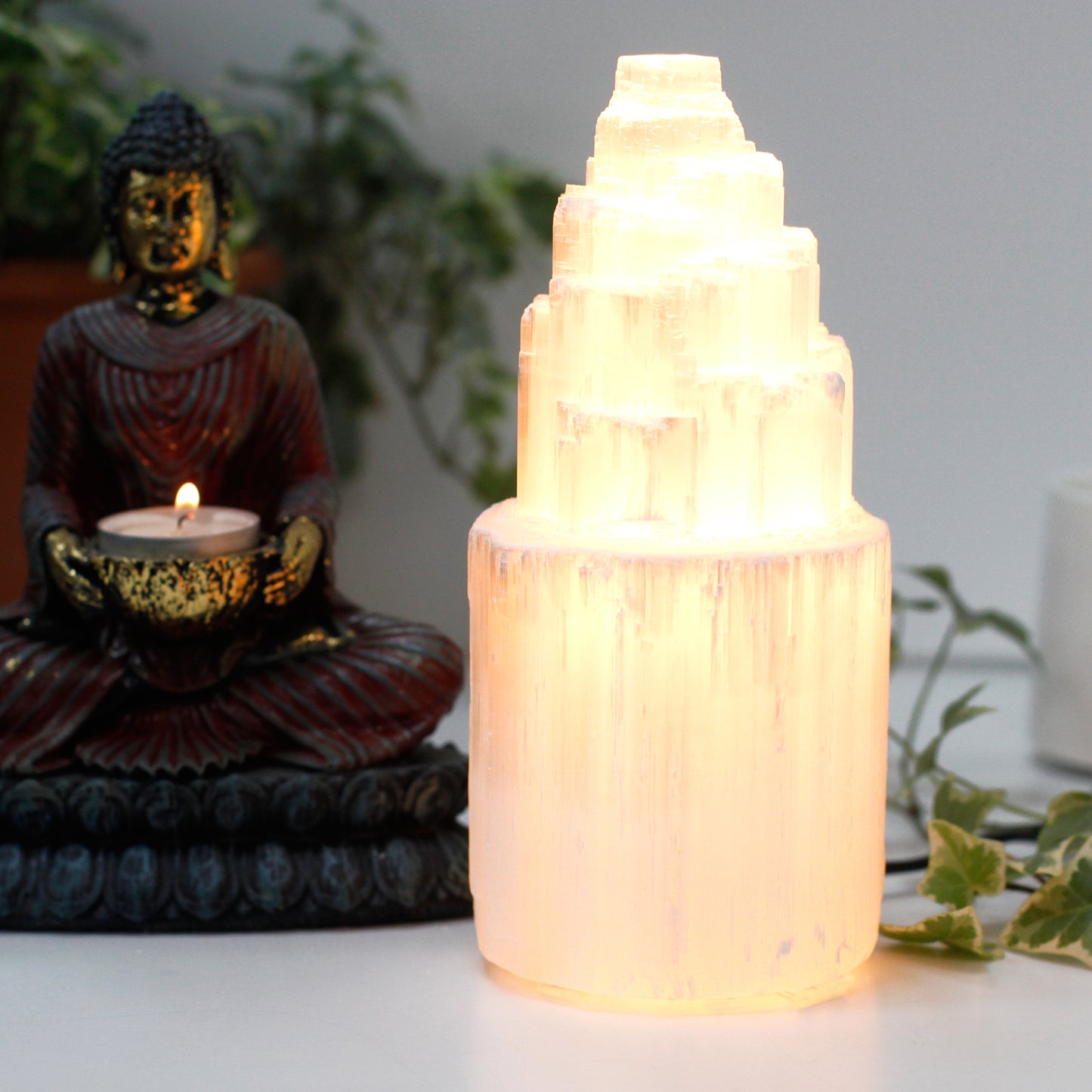 Natural Selenite Tower Lamp – 20cm hand-carved Moroccan crystal with soft glow