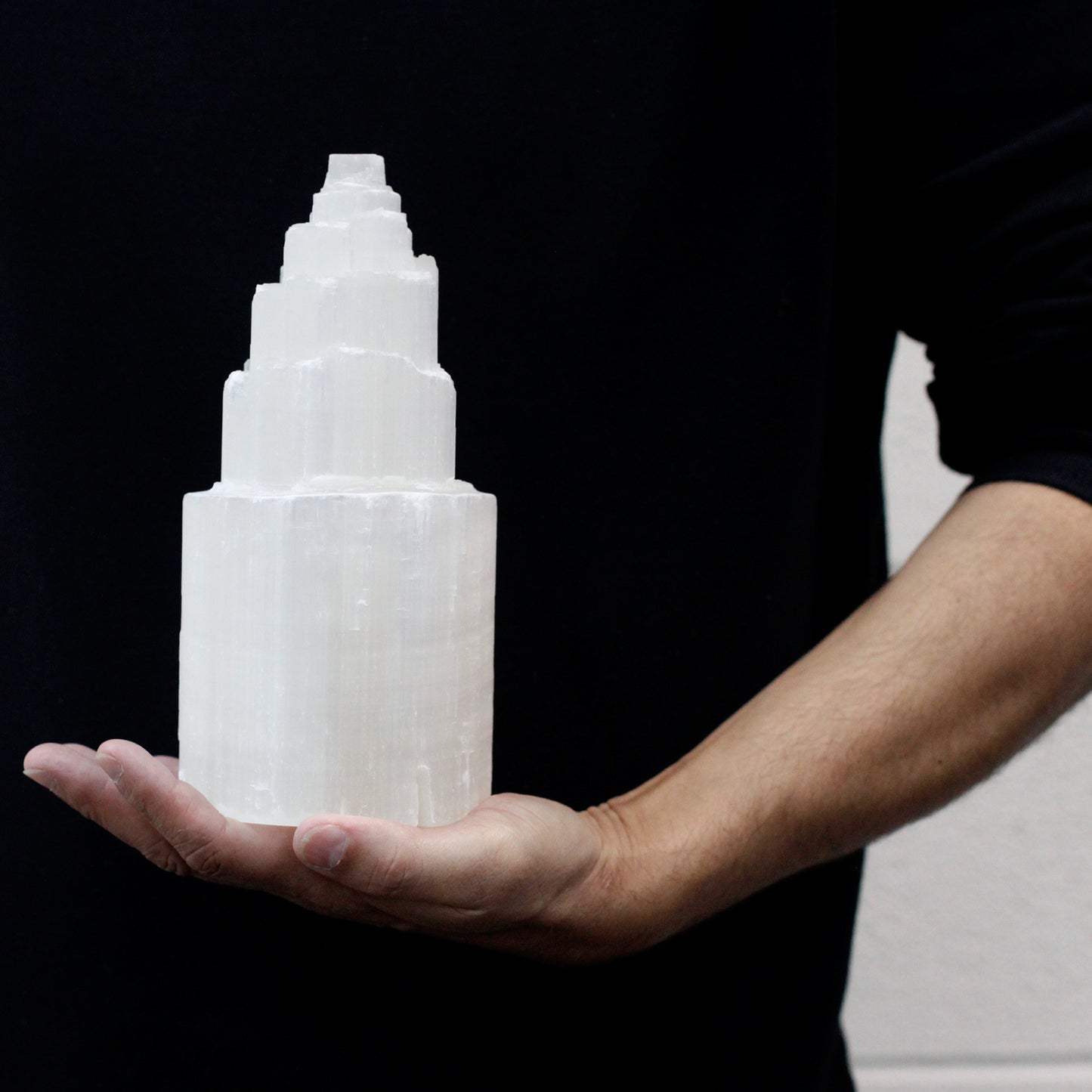 Natural Selenite Tower Lamp – 20cm hand-carved Moroccan crystal with soft glow