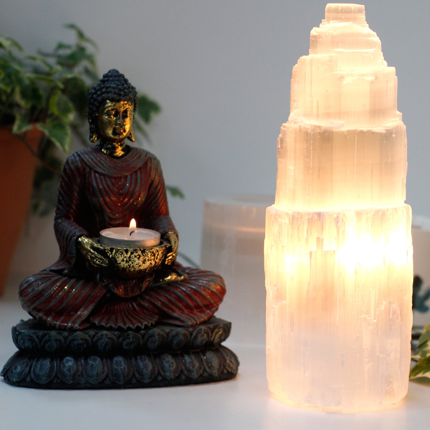 Natural Selenite Tower Lamp – 25cm glowing crystal lamp from Morocco