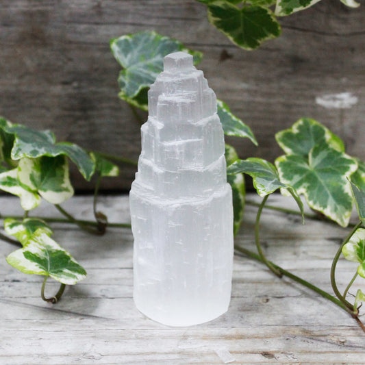 10cm Natural Selenite Tower with lunar glow, ethically sourced from Morocco