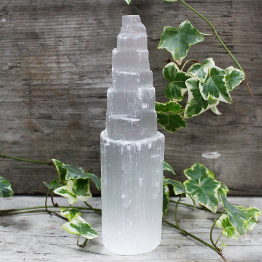 20cm Natural Selenite Tower with milky lunar glow, ethically sourced from Morocco