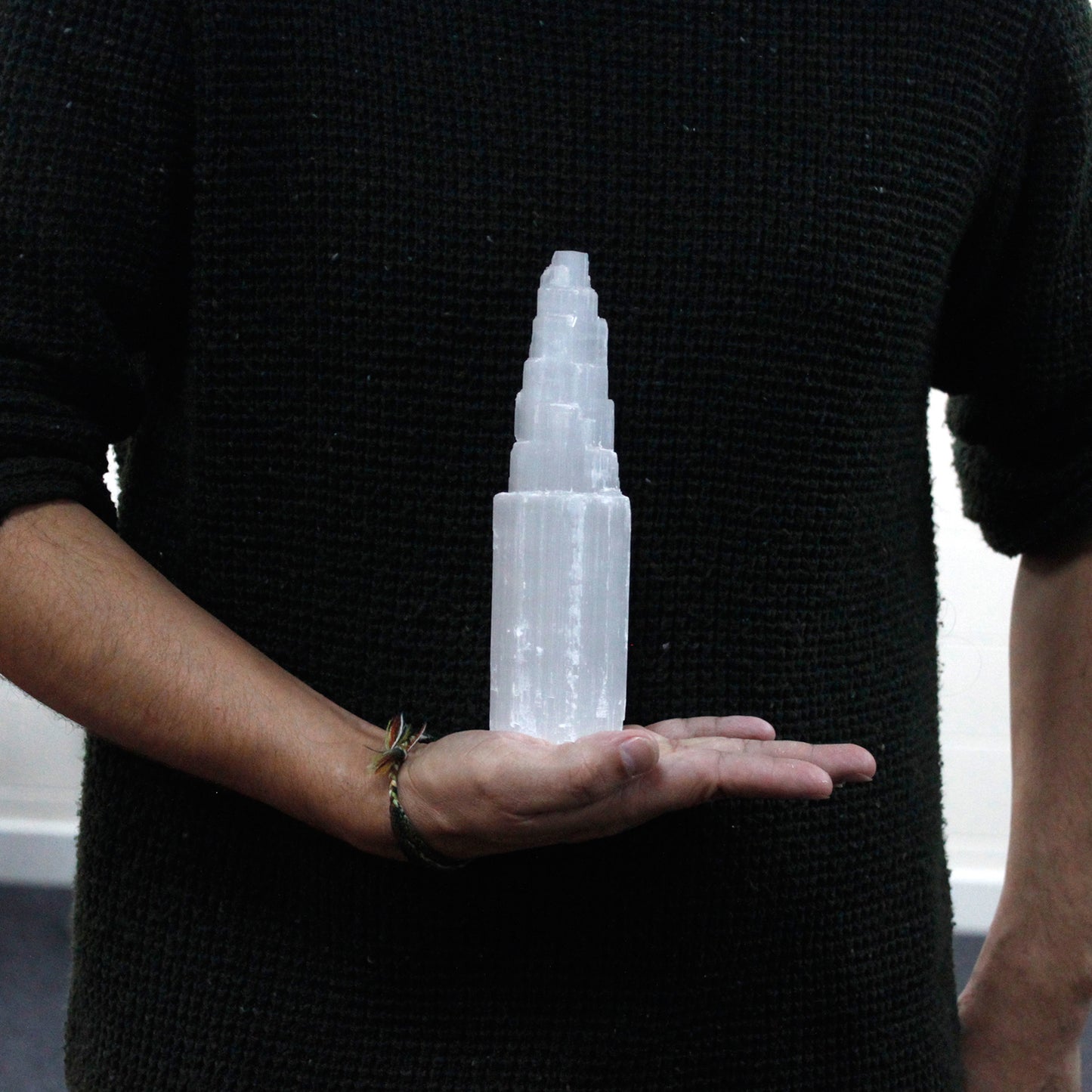 20cm Natural Selenite Tower with milky lunar glow, ethically sourced from Morocco