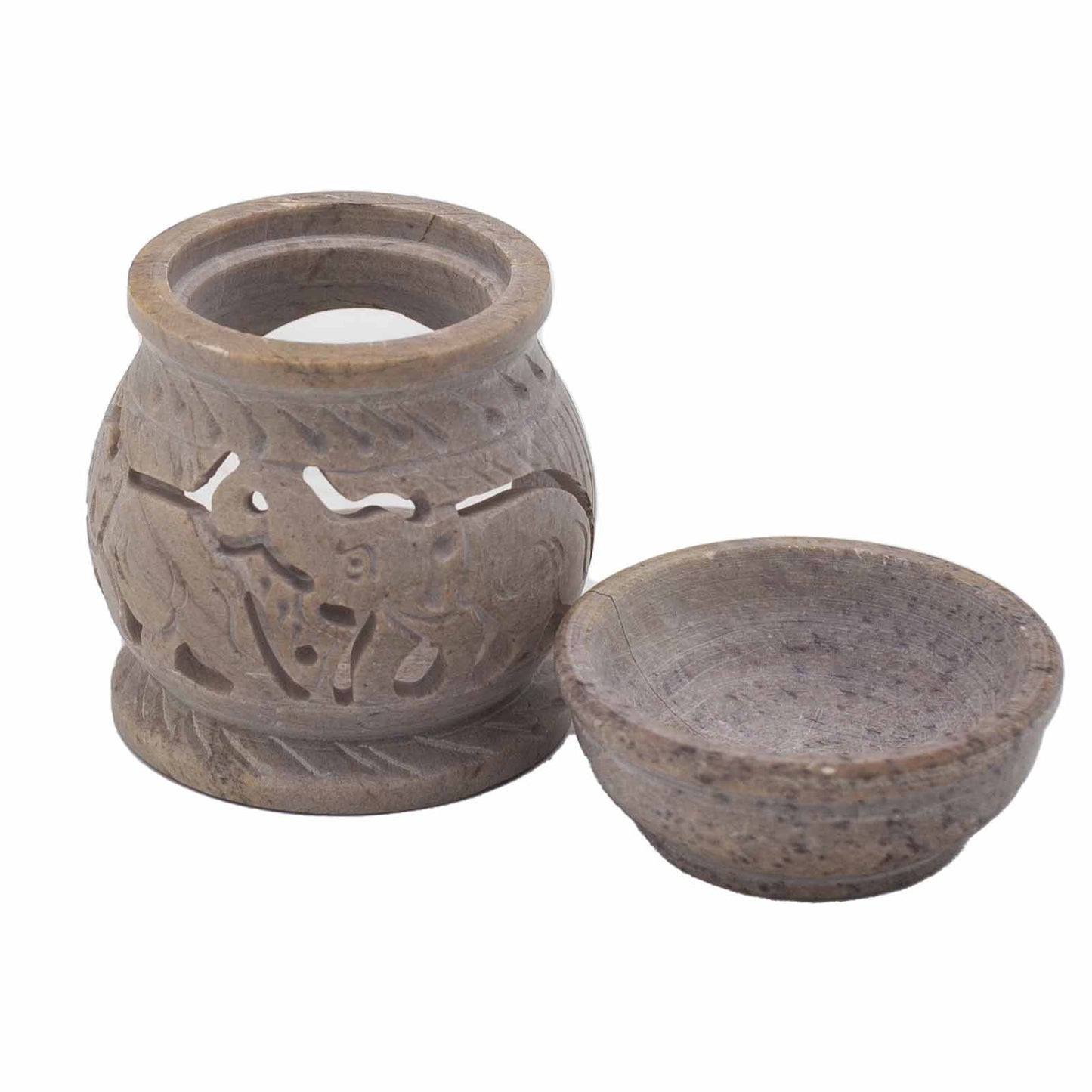 Natural stone soapstone oil burner with carved elephant motif and bowl – 8cm size