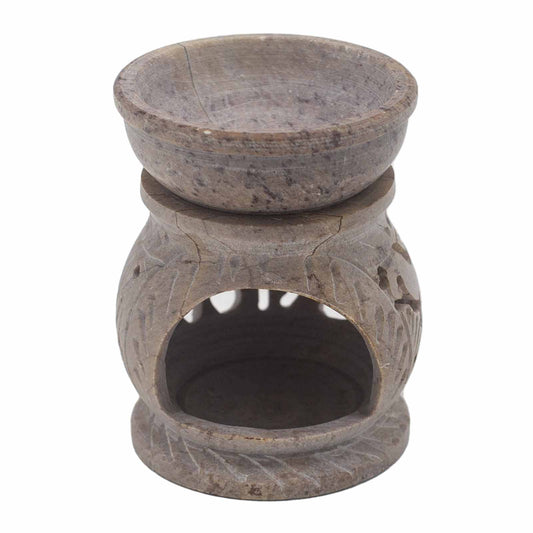 Natural stone soapstone oil burner with carved elephant motif and bowl – 8cm size