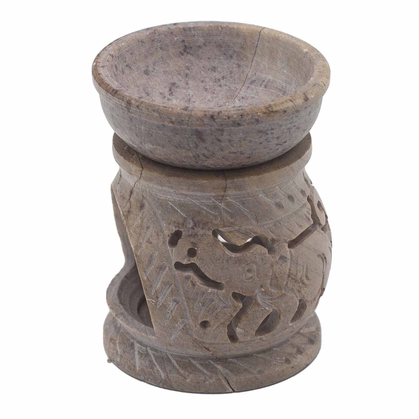 Natural stone soapstone oil burner with carved elephant motif and bowl – 8cm size