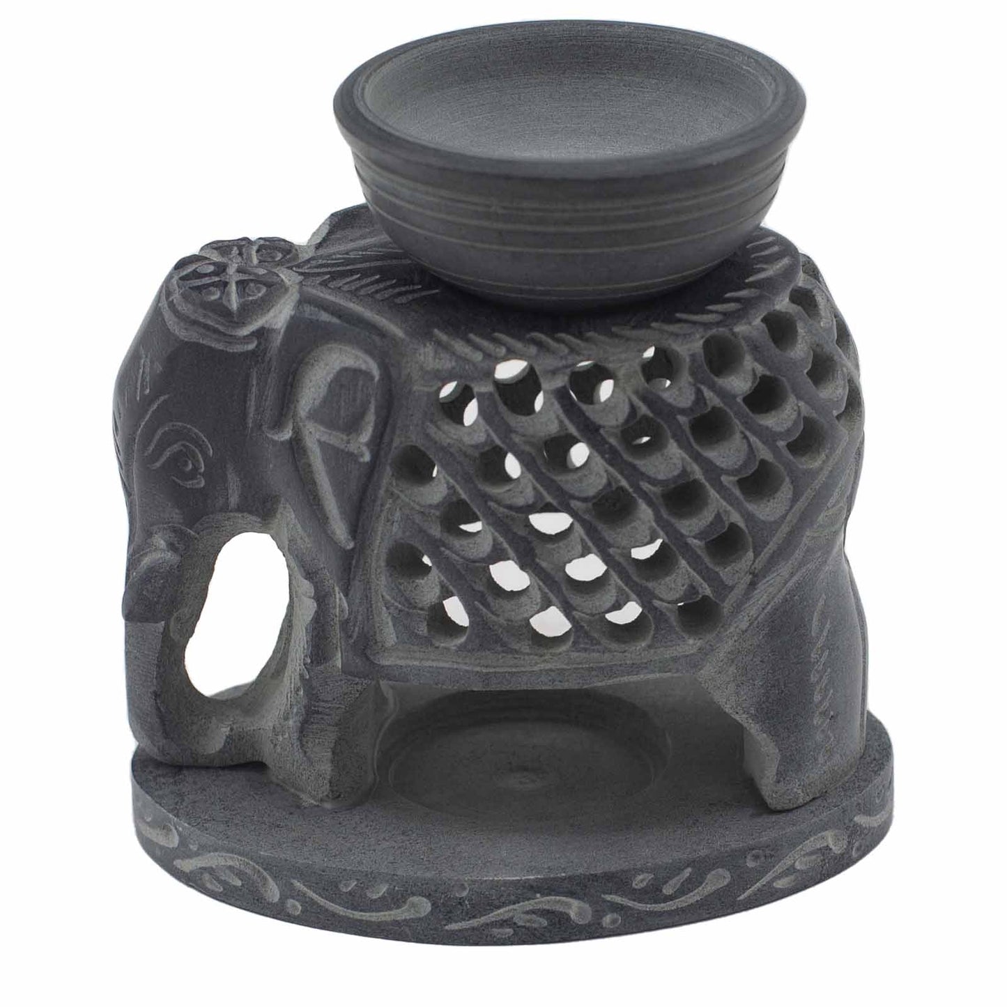 Charcoal grey soapstone oil burner carved into a standing elephant design with top bowl for essential oils