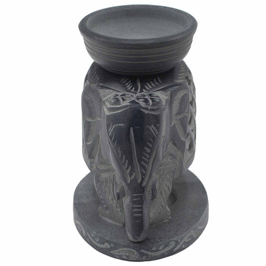 Charcoal grey soapstone oil burner carved into a standing elephant design with top bowl for essential oils