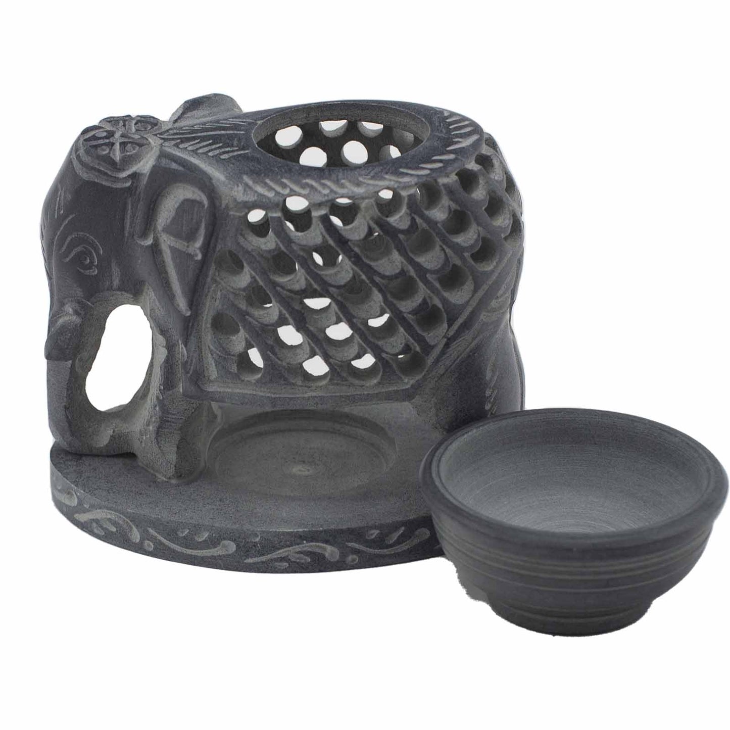 Charcoal grey soapstone oil burner carved into a standing elephant design with top bowl for essential oils
