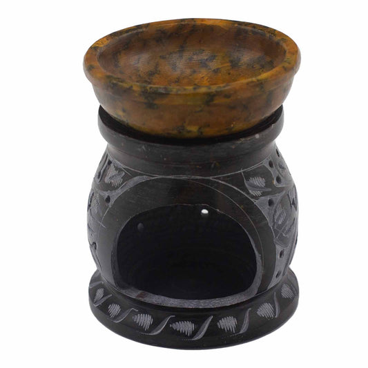 Soapstone oil burner with mandala flower design and yellow bowl