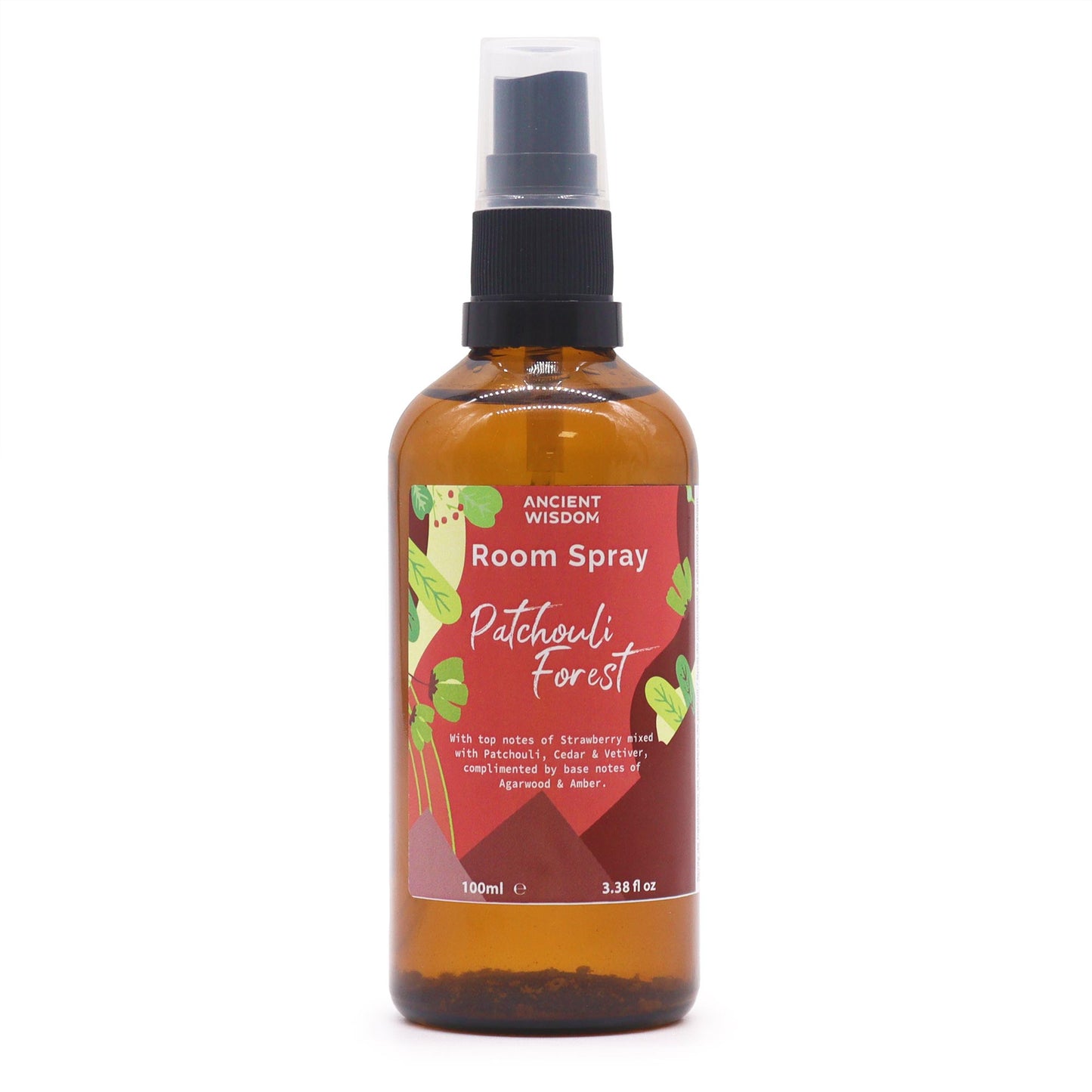 Amber glass room spray bottle labelled Patchouli Forest, Summer Home collection – 100ml