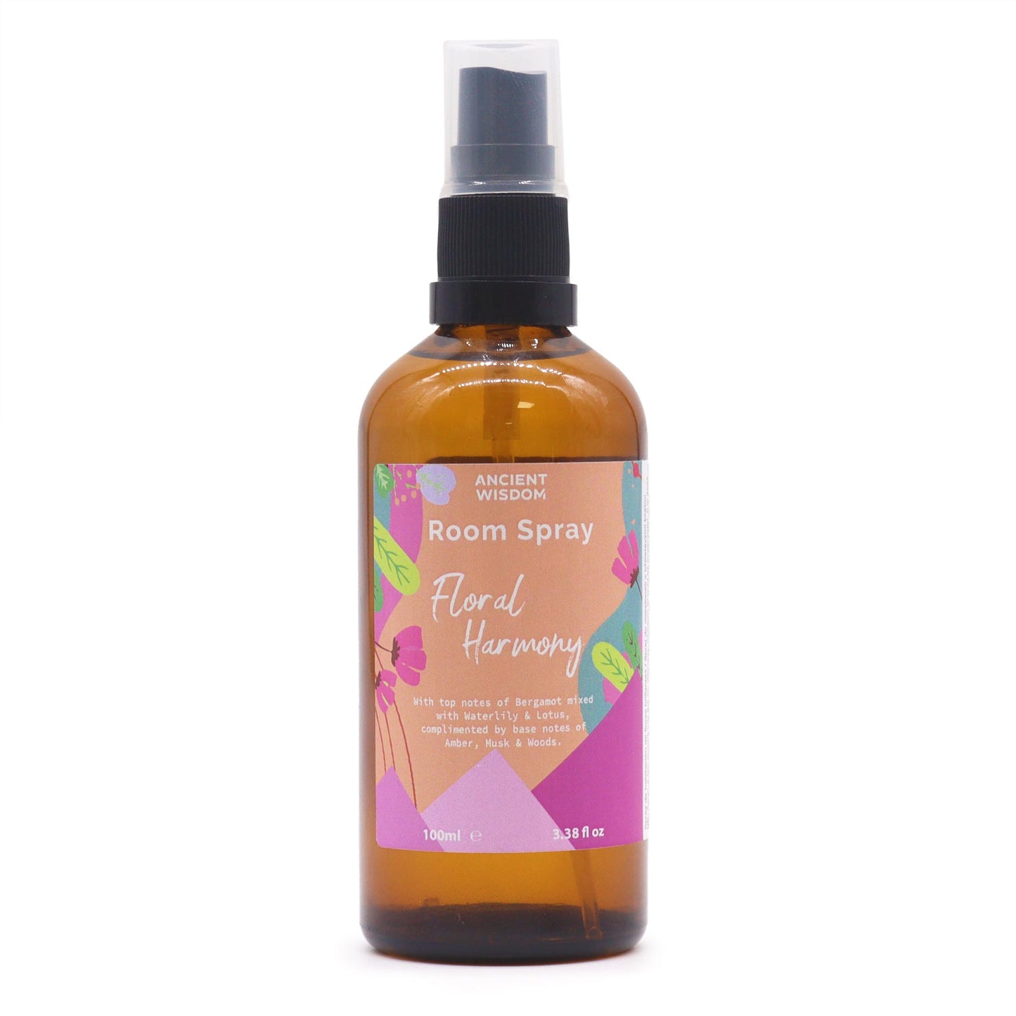 Amber glass spray bottle labelled Floral Harmony – part of the Summer Home Room Spray collection, 100ml