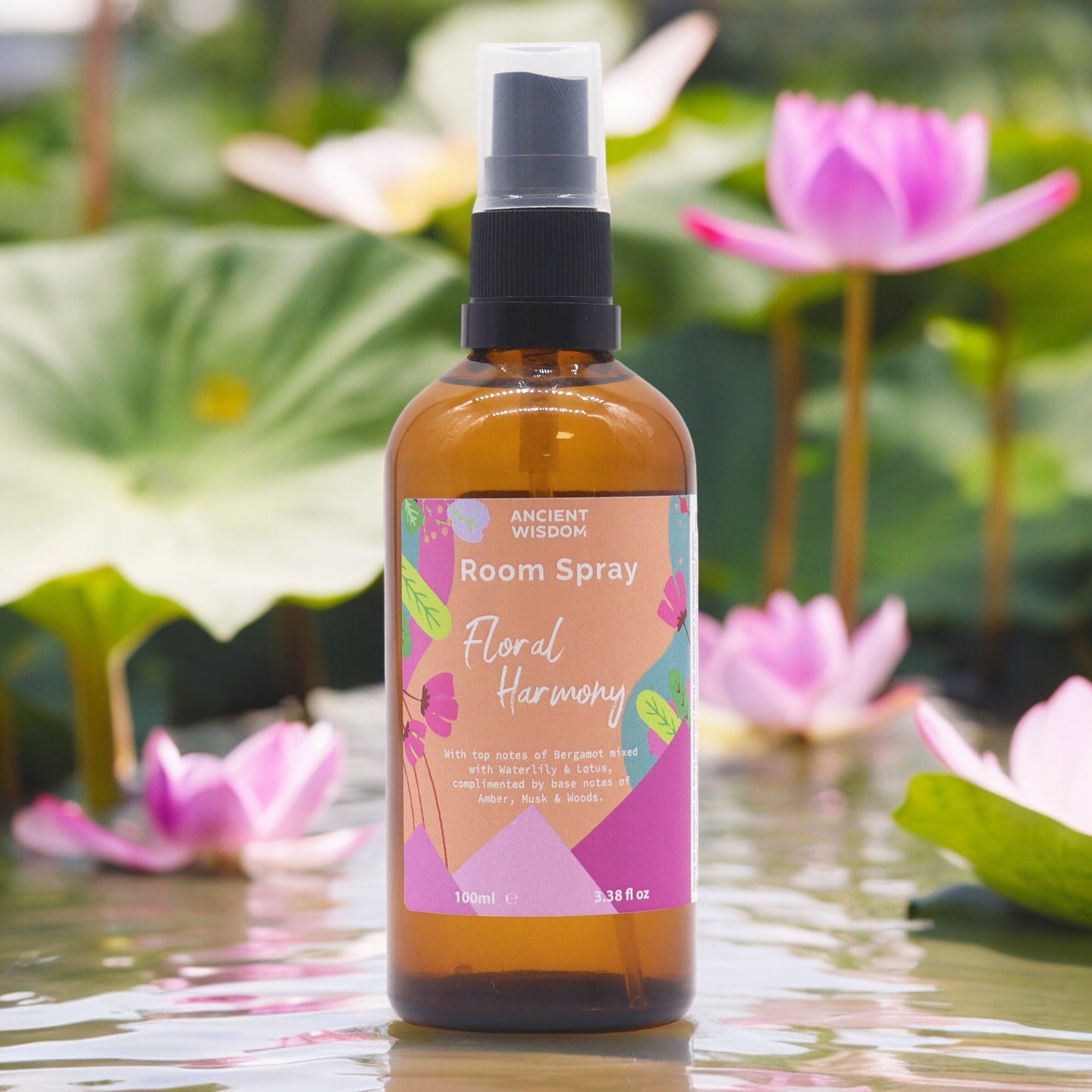 Amber glass spray bottle labelled Floral Harmony – part of the Summer Home Room Spray collection, 100ml