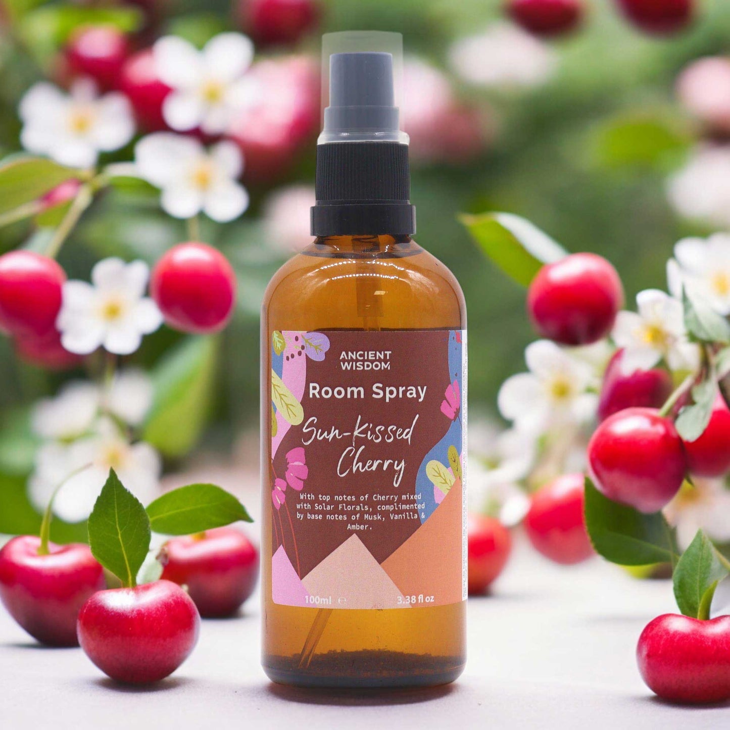 Amber bottle of Sun-Kissed Cherry Summer Home Room Spray – 100ml fruity and floral mist