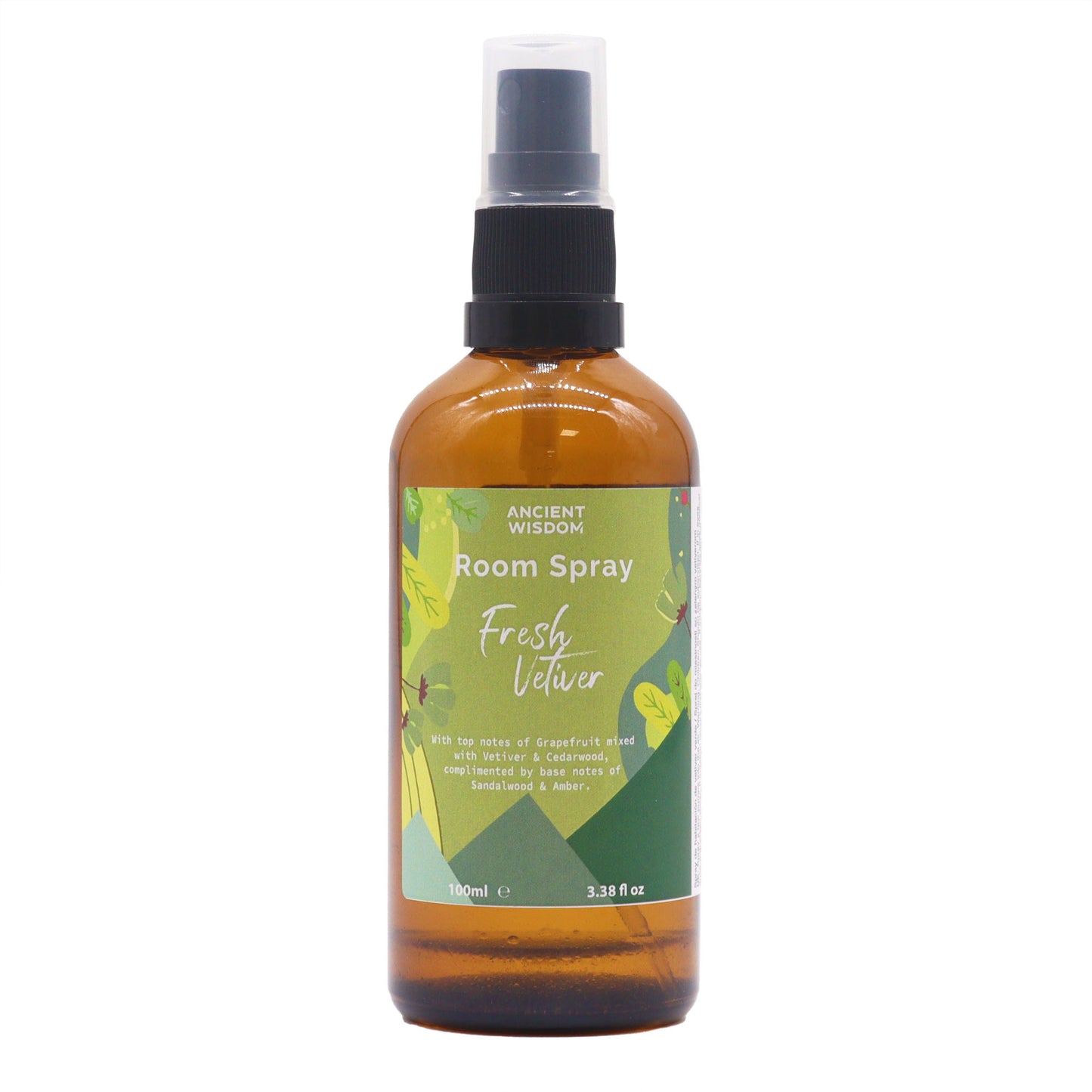 Amber bottle of Fresh Vetiver Summer Home Room Spray – 100ml energising blend of citrus, vetiver, and patchouli