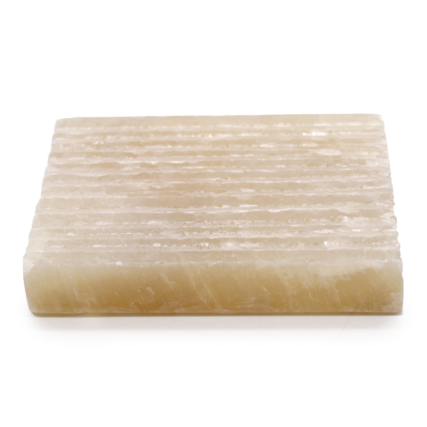 Honey Onyx square soap dish with carved grooves for drainage, handcrafted from natural stone.