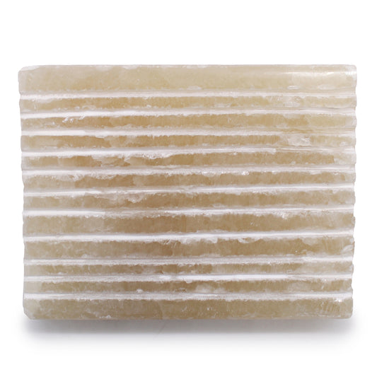 Honey Onyx square soap dish with carved grooves for drainage, handcrafted from natural stone.