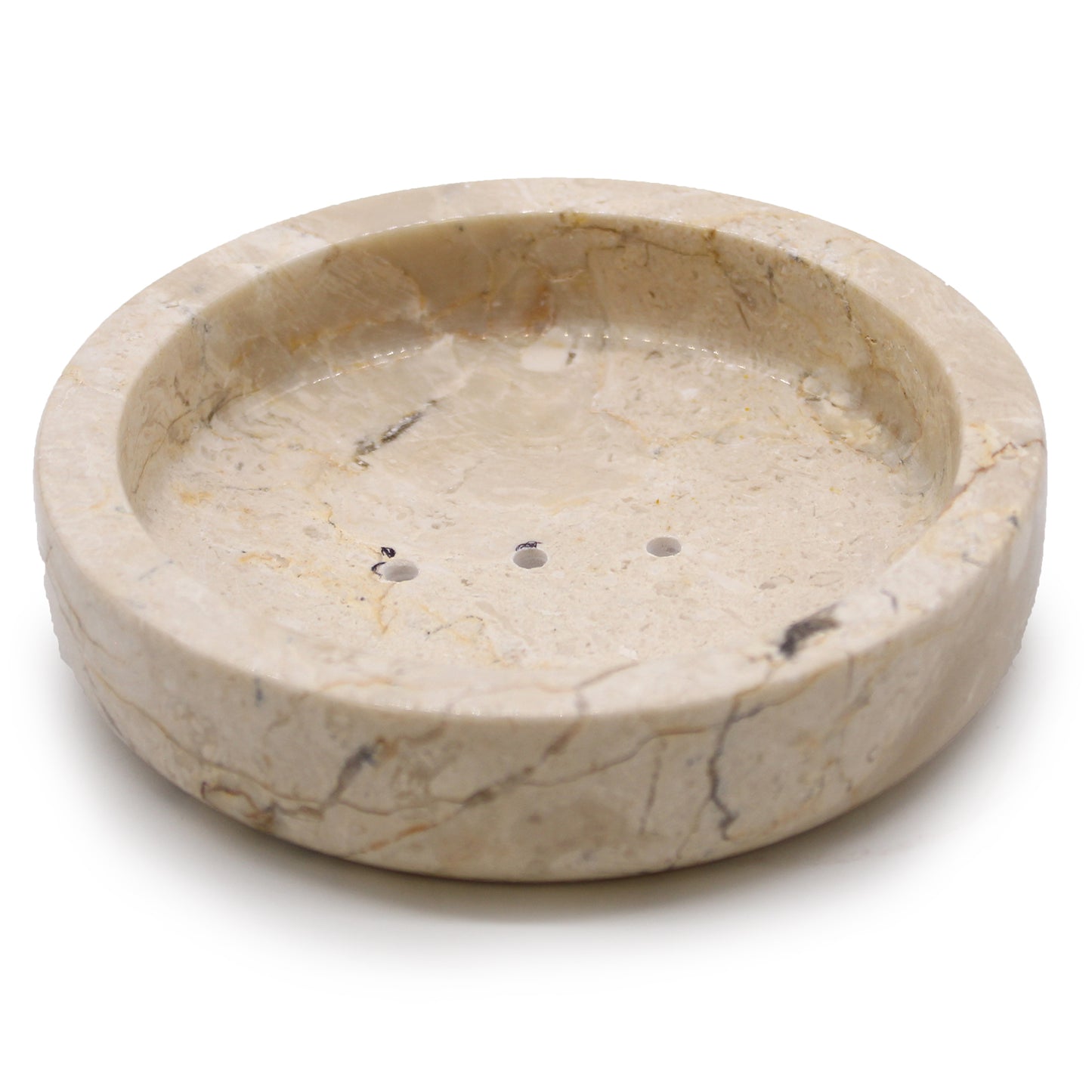 Round honey marble soap dish with drainage holes, handcrafted with natural veining.