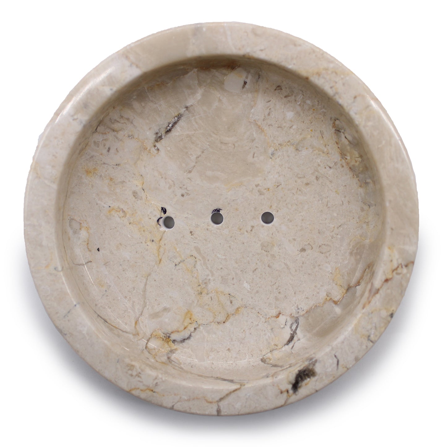 Round honey marble soap dish with drainage holes, handcrafted with natural veining.