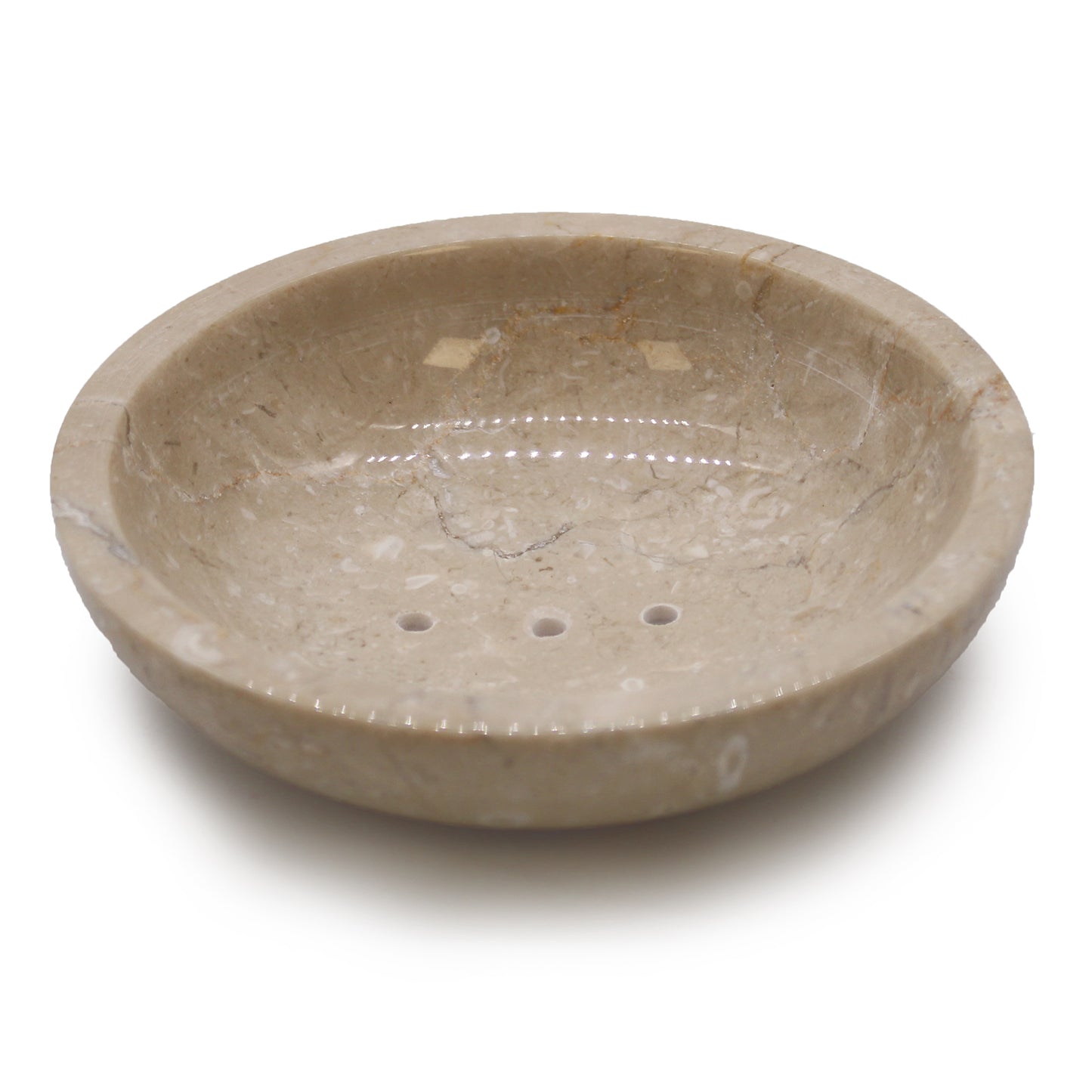 Curved honey marble round soap dish with drainage holes, handcrafted and polished.