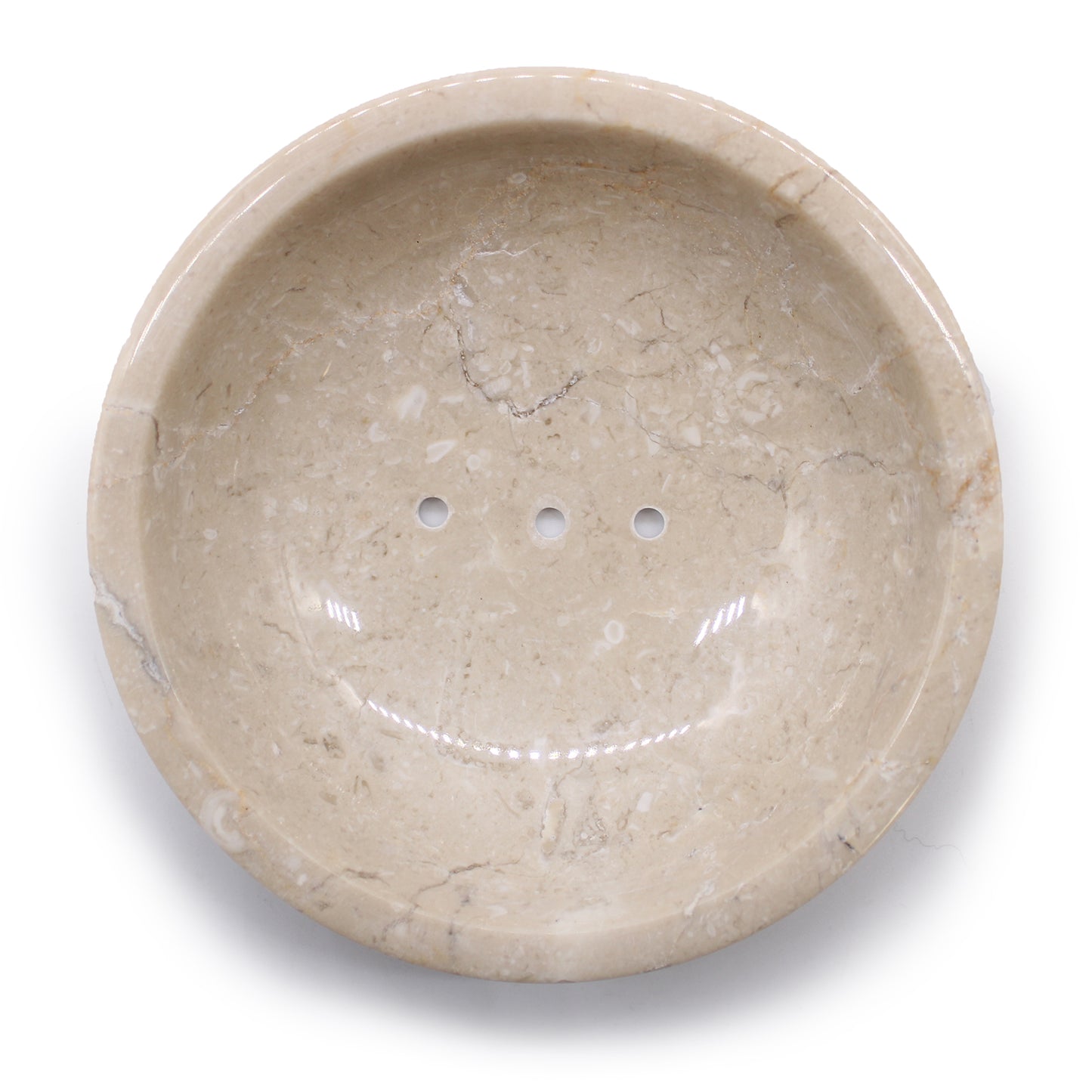 Curved honey marble round soap dish with drainage holes, handcrafted and polished.
