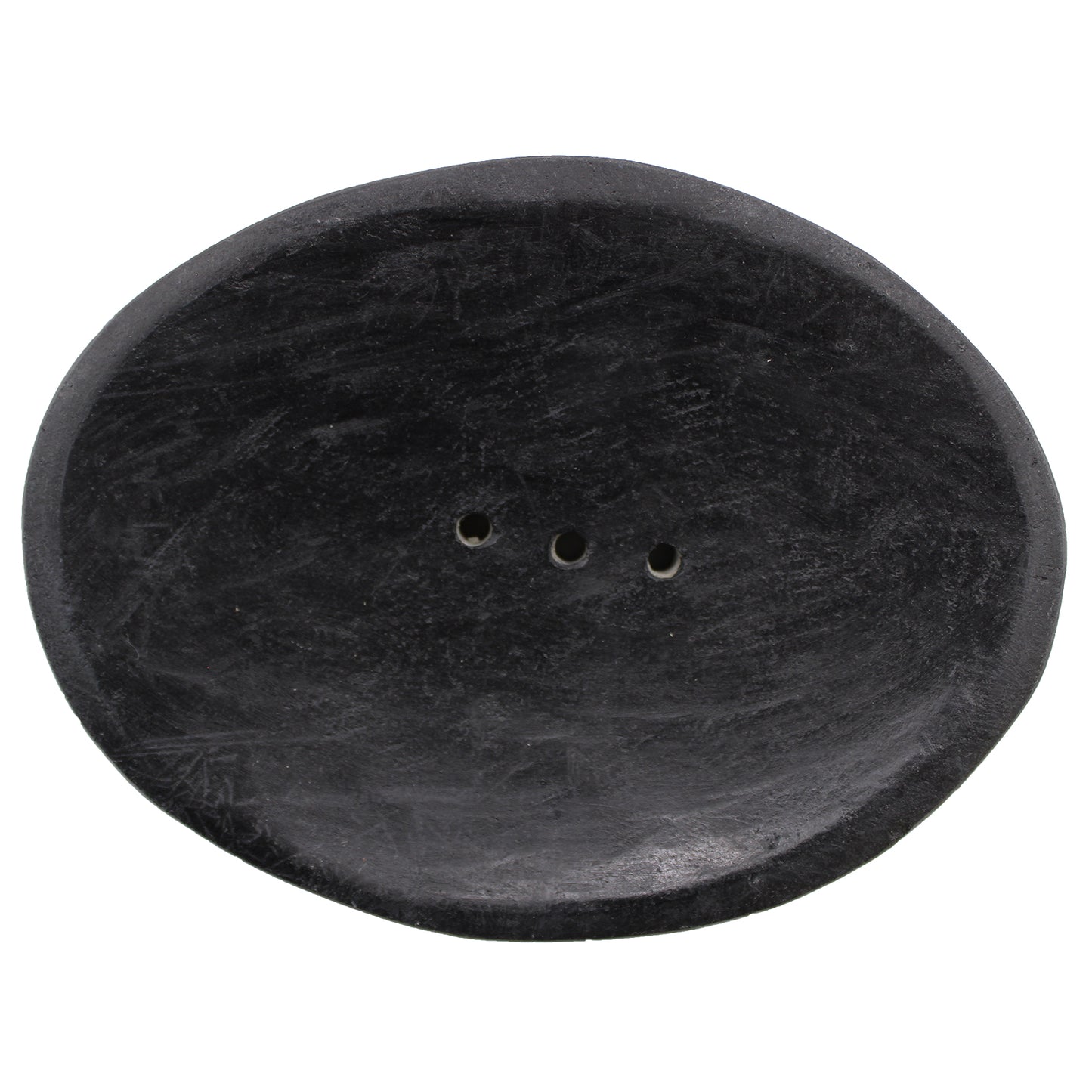 Oval black marble soap dish with drainage holes, handcrafted and minimalist.