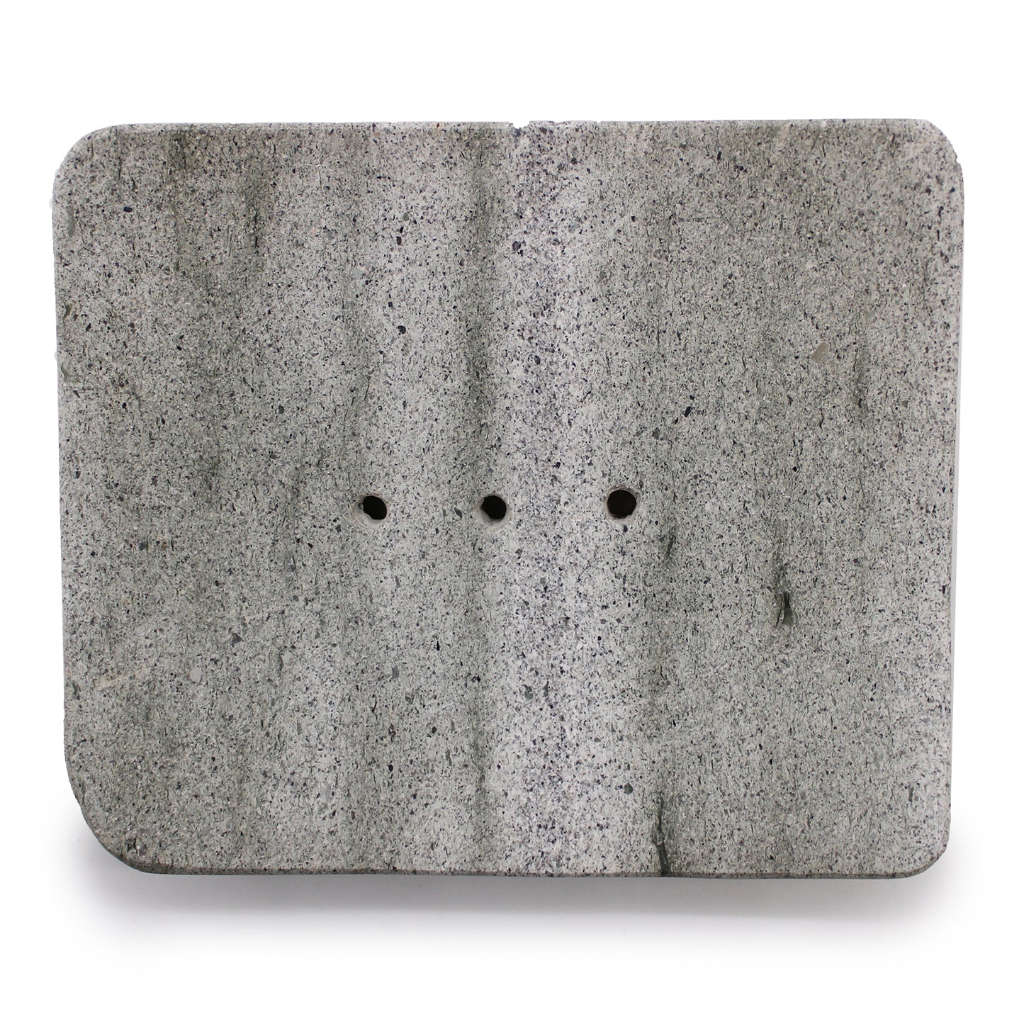 Square grey zeolite stone soap dish with drainage holes, minimalist and handcrafted.