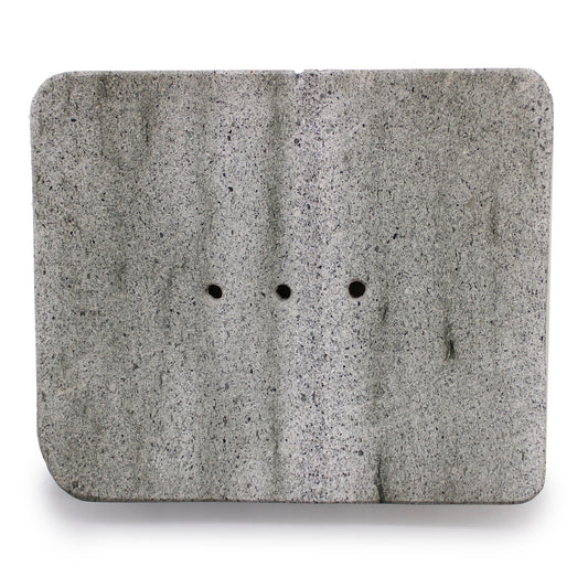 Square grey zeolite stone soap dish with drainage holes, minimalist and handcrafted.