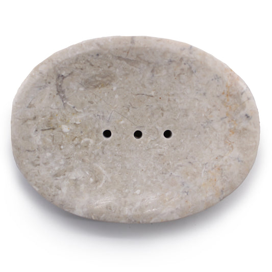 Classic oval cream marble soap dish with drainage holes, handcrafted and natural.