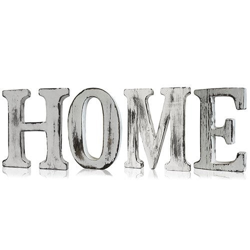 Whitewashed wooden letters spelling "HOME", handcrafted from mango wood in shabby chic style