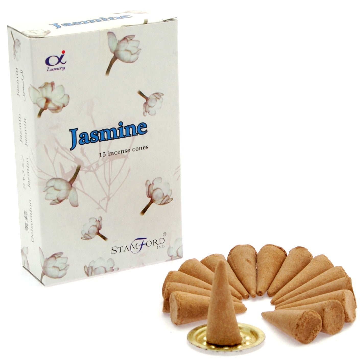 Stamford Premium Jasmine incense cones with rich, floral fragrance. Includes 15 cones and a metal holder—ideal for peaceful and romantic settings.