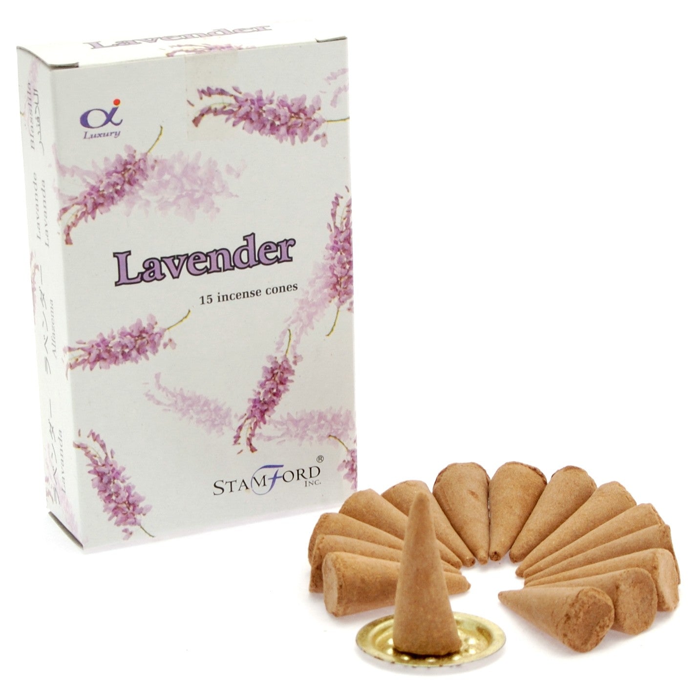 Stamford Premium Lavender incense cones with a relaxing floral fragrance. Includes 15 cones and a metal holder for easy, peaceful burning.